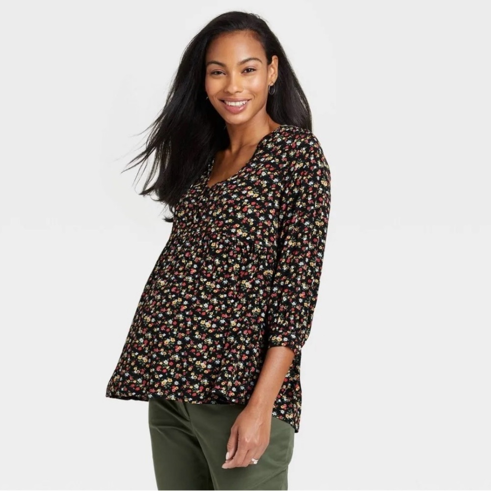The Nines by HATCH Floral Crepe 3/4 Sleeve Maternity Babydoll Top Blouse M New